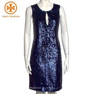 Tory Burch Kylie Silk Sequined Navy Blue Sheath Dress ~ Size 10